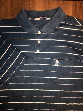Penguin Munsingwear Boys XL Blue Collared Short Sleeve Shirt Striped White
